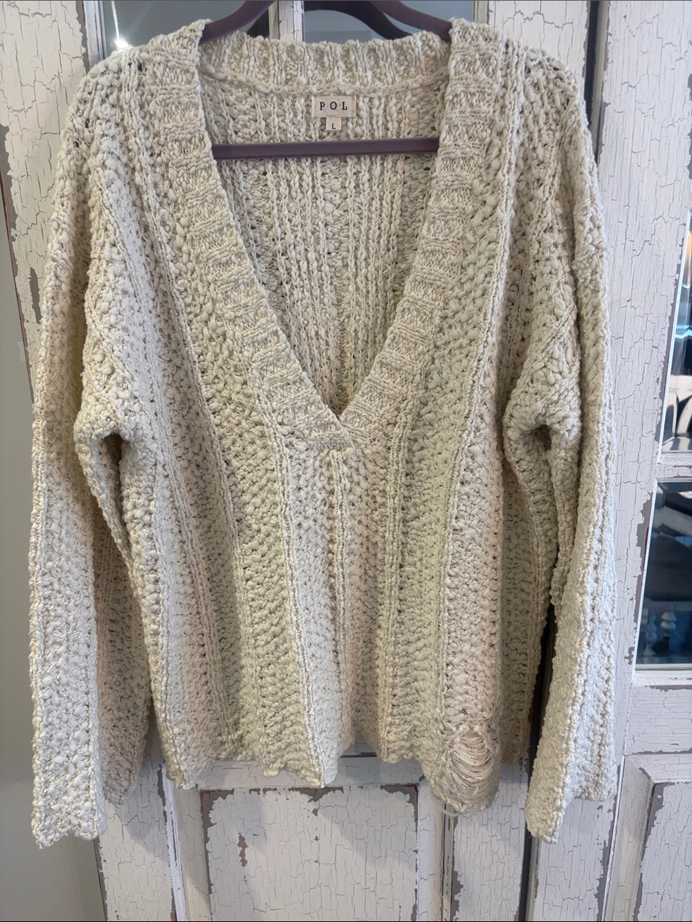 POL Cream V‑Neck Chunky Knit oversized Sweater